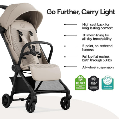 Mompush Nexis Carbon Travel Stroller, Ultra-Lightweight 11.5 lbs (Khaki) - Kidsy