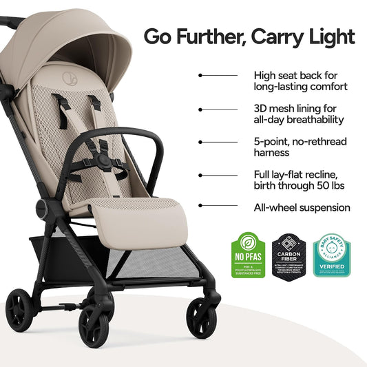 Mompush Nexis Carbon Travel Stroller, Ultra-Lightweight 11.5 lbs (Khaki) - Kidsy