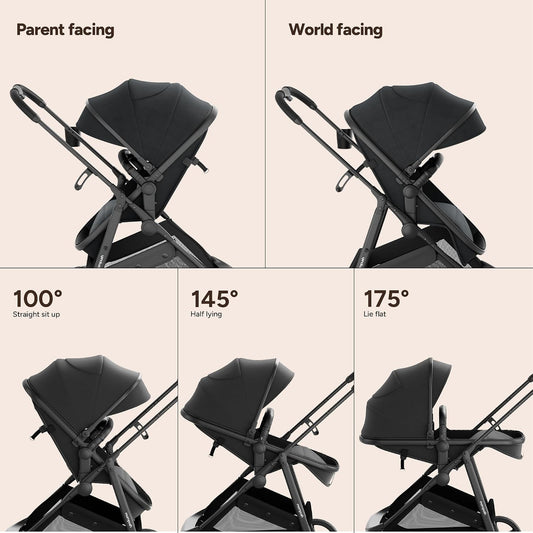 Mompush Wiz 2-in-1 Bassinet Stroller Reversible Seat (Black) - Kidsy