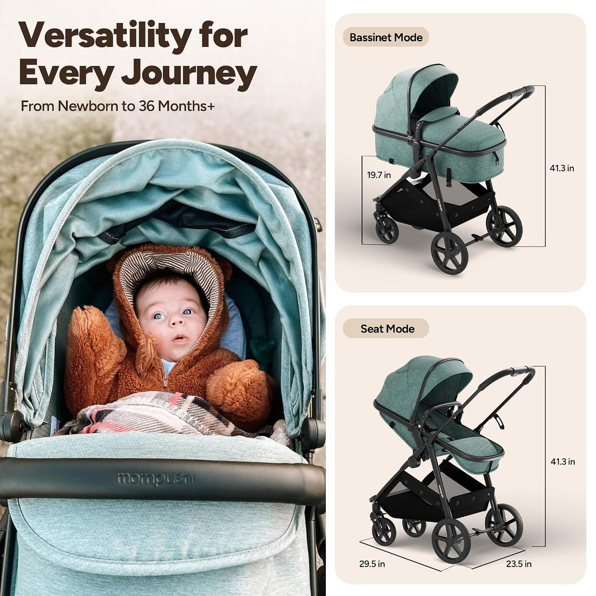 Mompush Wiz 2-in-1 Bassinet Stroller Reversible Seat (Black) - Kidsy