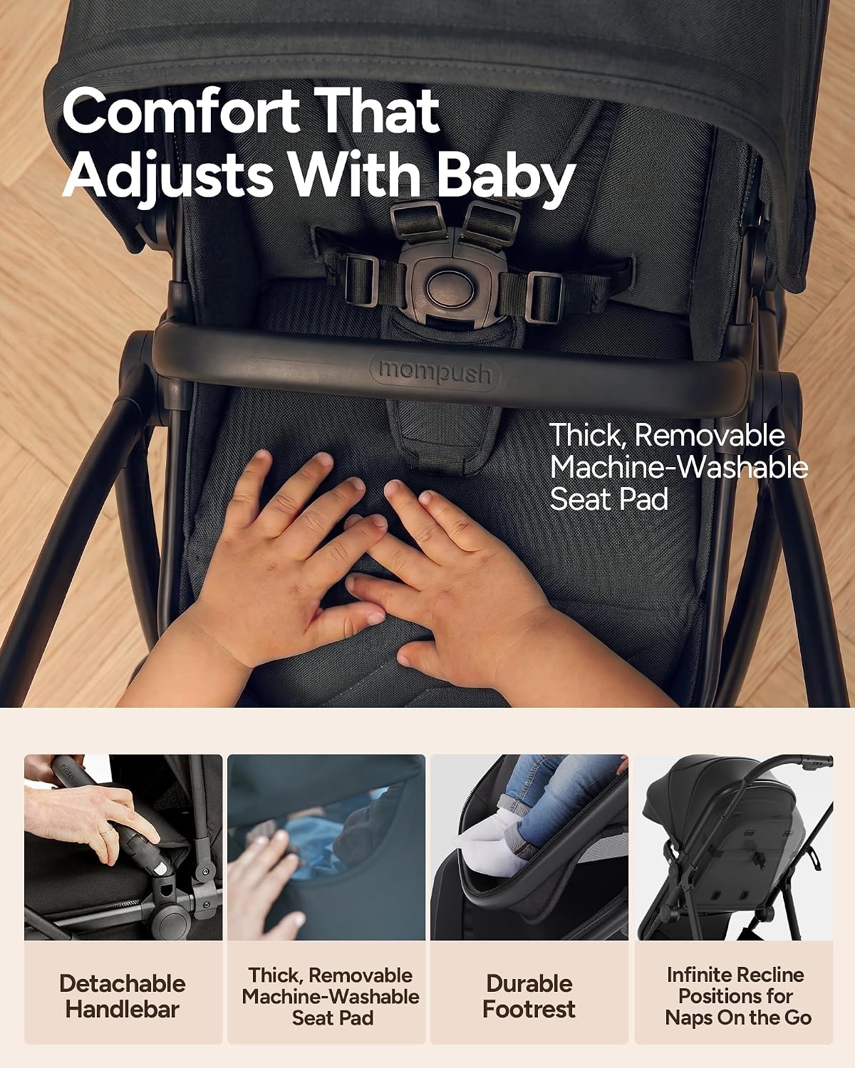 Mompush Wiz 2-in-1 Bassinet Stroller Reversible Seat (Black) - Kidsy