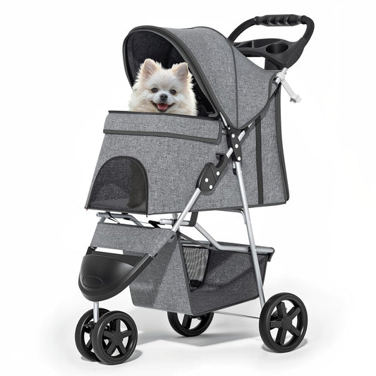 MoNiBloom 3-Wheel Foldable Pet Stroller with Storage Basket (Gray) - Kidsy
