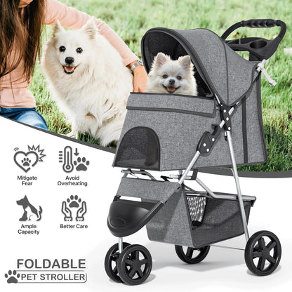 MoNiBloom 3-Wheel Foldable Pet Stroller with Storage Basket (Gray) - Kidsy