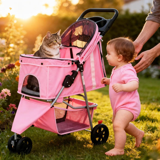 New 3 Wheel Pet Stroller for Dogs and Cats (Light Pink) - Kidsy