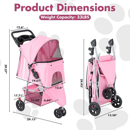 New 3 Wheel Pet Stroller for Dogs and Cats (Light Pink) - Kidsy