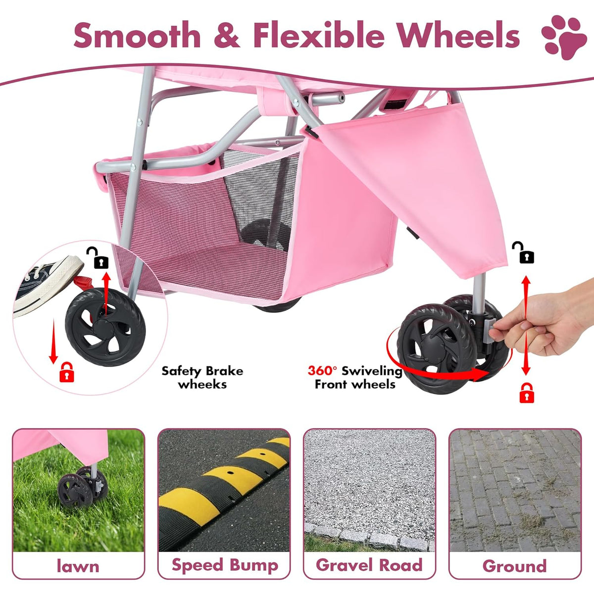 New 3 Wheel Pet Stroller for Dogs and Cats (Light Pink) - Kidsy