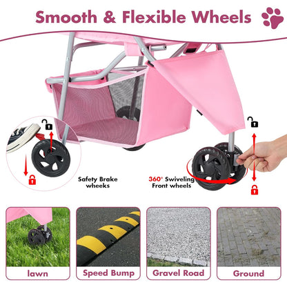 New 3 Wheel Pet Stroller for Dogs and Cats (Light Pink) - Kidsy