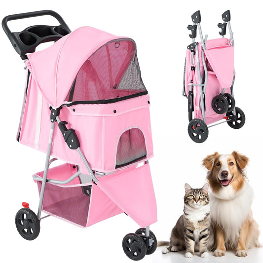 New 3 Wheel Pet Stroller for Dogs and Cats (Light Pink) - Kidsy