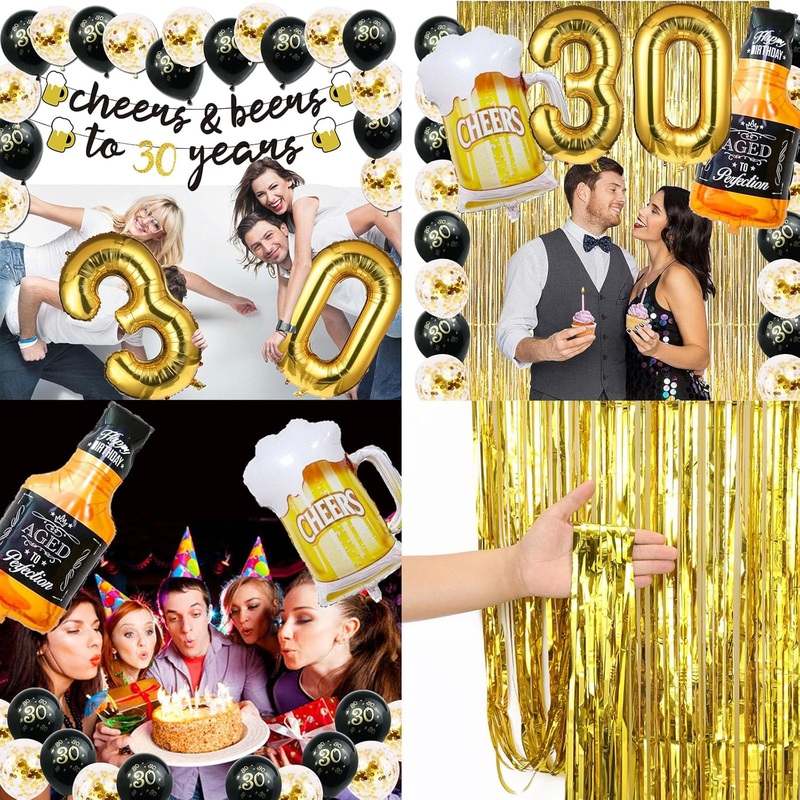 New 30th Birthday Decorations 40 Inch Gold 30 Number Balloons, Cheers to 30 Years Banner, Fringe Curtains and Cups Foil Balloons - Kidsy