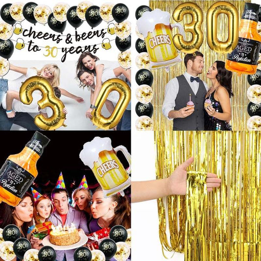 New 30th Birthday Decorations 40 Inch Gold 30 Number Balloons, Cheers to 30 Years Banner, Fringe Curtains and Cups Foil Balloons - Kidsy