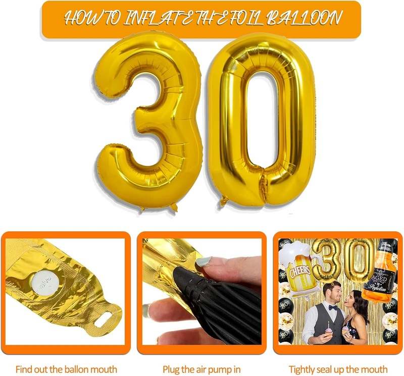 New 30th Birthday Decorations 40 Inch Gold 30 Number Balloons, Cheers to 30 Years Banner, Fringe Curtains and Cups Foil Balloons - Kidsy