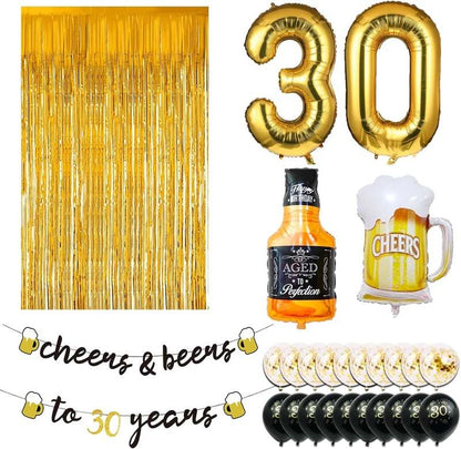 New 30th Birthday Decorations 40 Inch Gold 30 Number Balloons, Cheers to 30 Years Banner, Fringe Curtains and Cups Foil Balloons - Kidsy
