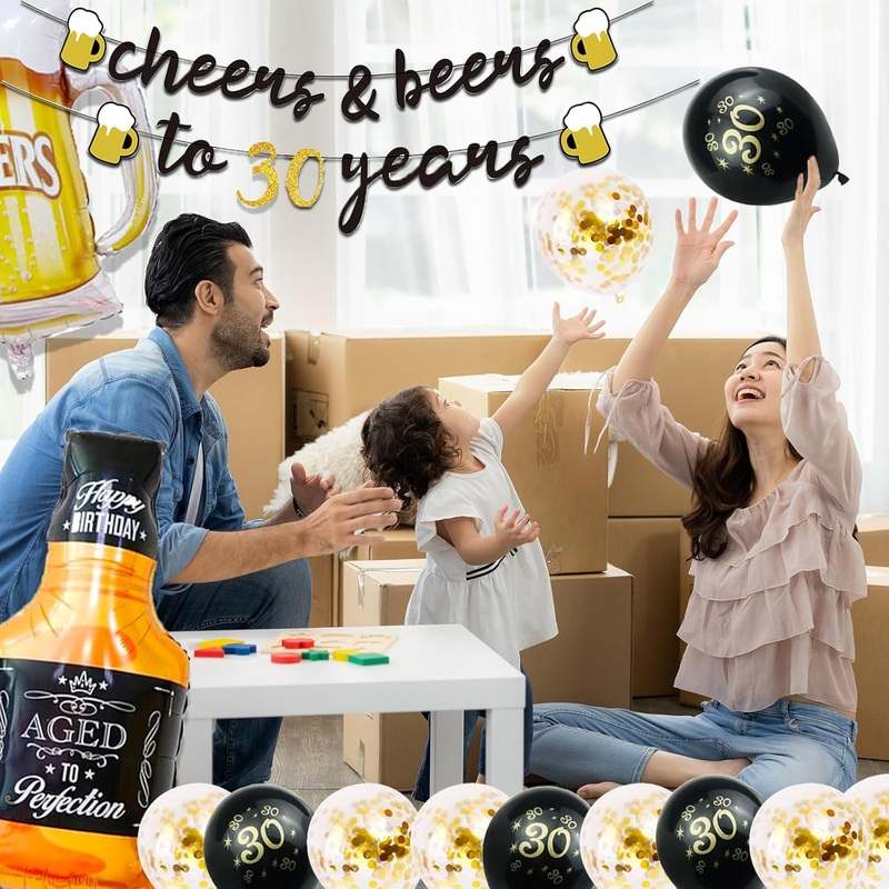 New 30th Birthday Decorations 40 Inch Gold 30 Number Balloons, Cheers to 30 Years Banner, Fringe Curtains and Cups Foil Balloons - Kidsy