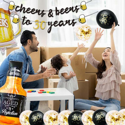 New 30th Birthday Decorations 40 Inch Gold 30 Number Balloons, Cheers to 30 Years Banner, Fringe Curtains and Cups Foil Balloons - Kidsy