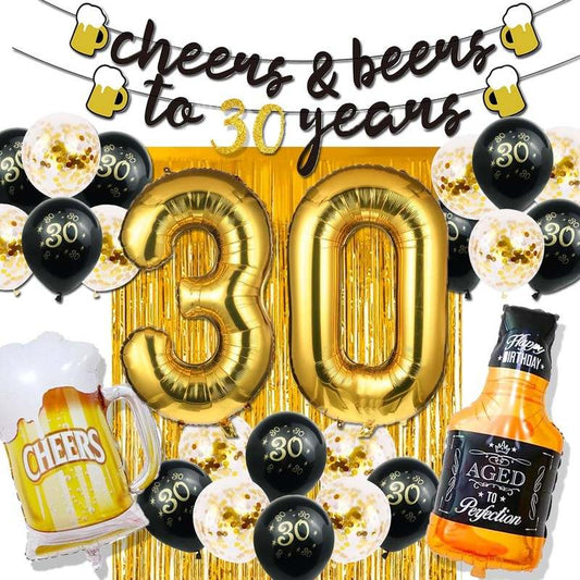 New 30th Birthday Decorations 40 Inch Gold 30 Number Balloons, Cheers to 30 Years Banner, Fringe Curtains and Cups Foil Balloons - Kidsy
