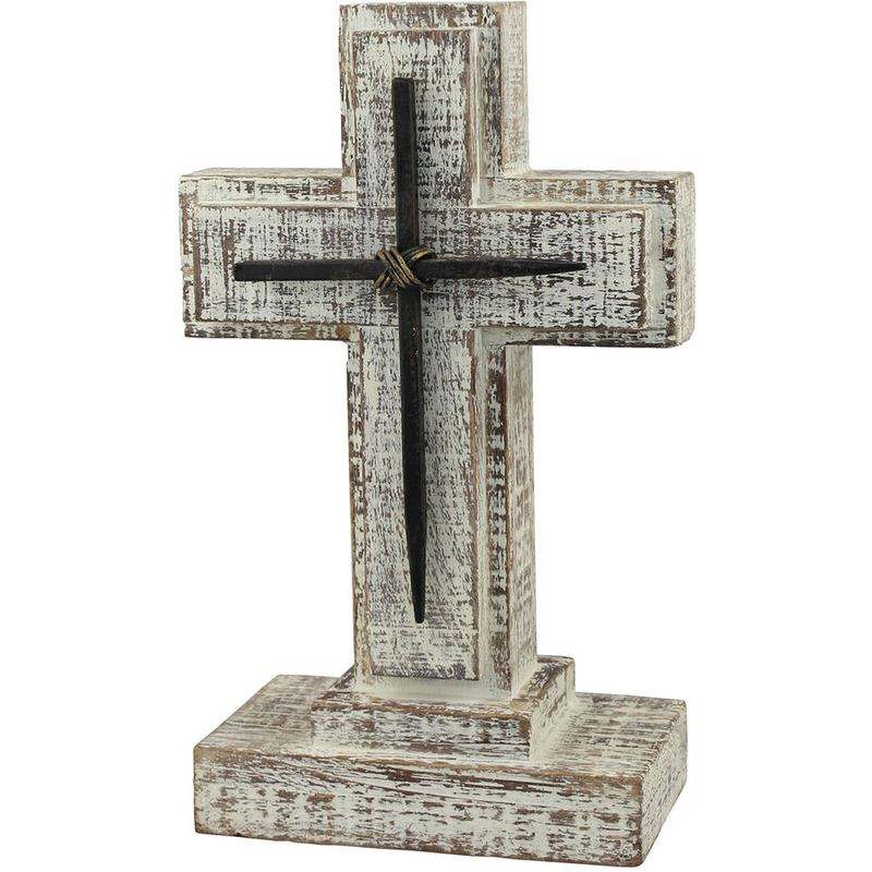 New 5.5 in. X 9 in. White Wooden Pedestal Cross with Metal Details - Kidsy