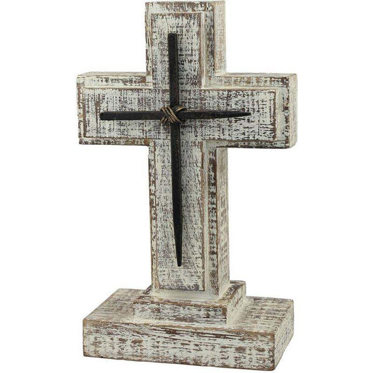 New 5.5 in. X 9 in. White Wooden Pedestal Cross with Metal Details - Kidsy