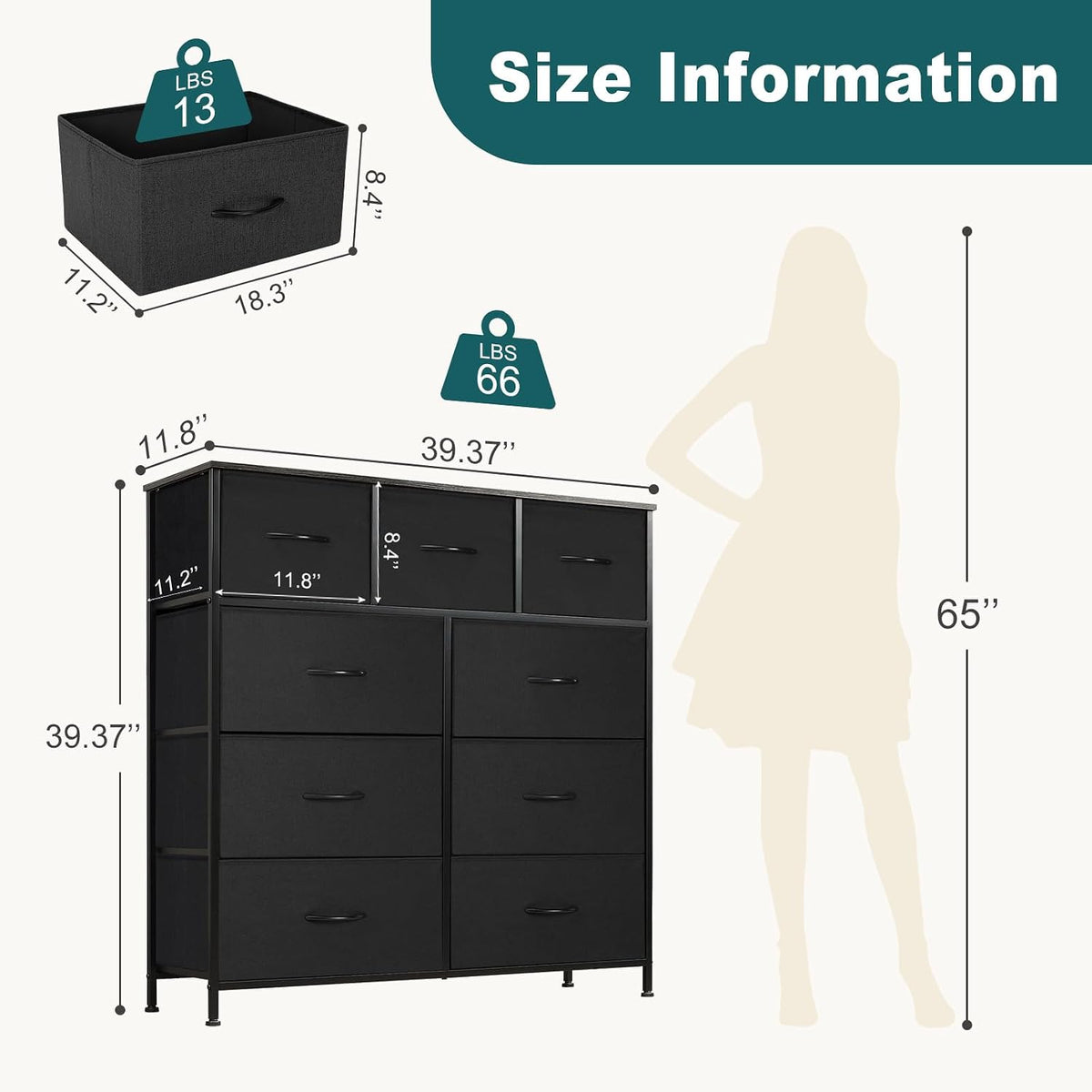 New Atilioo 9-Drawer Fabric Dresser with Wooden Top (Black) - Kidsy