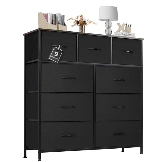 New Atilioo 9-Drawer Fabric Dresser with Wooden Top (Black) - Kidsy