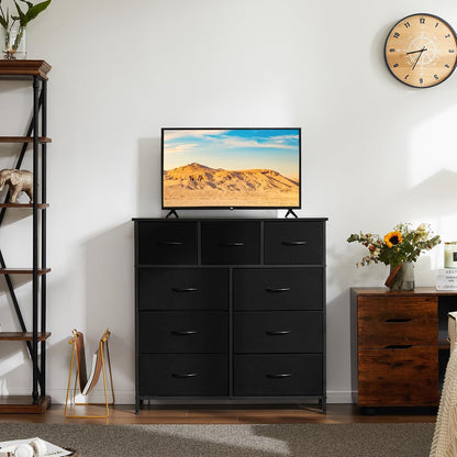 New Atilioo 9-Drawer Fabric Dresser with Wooden Top (Black) - Kidsy