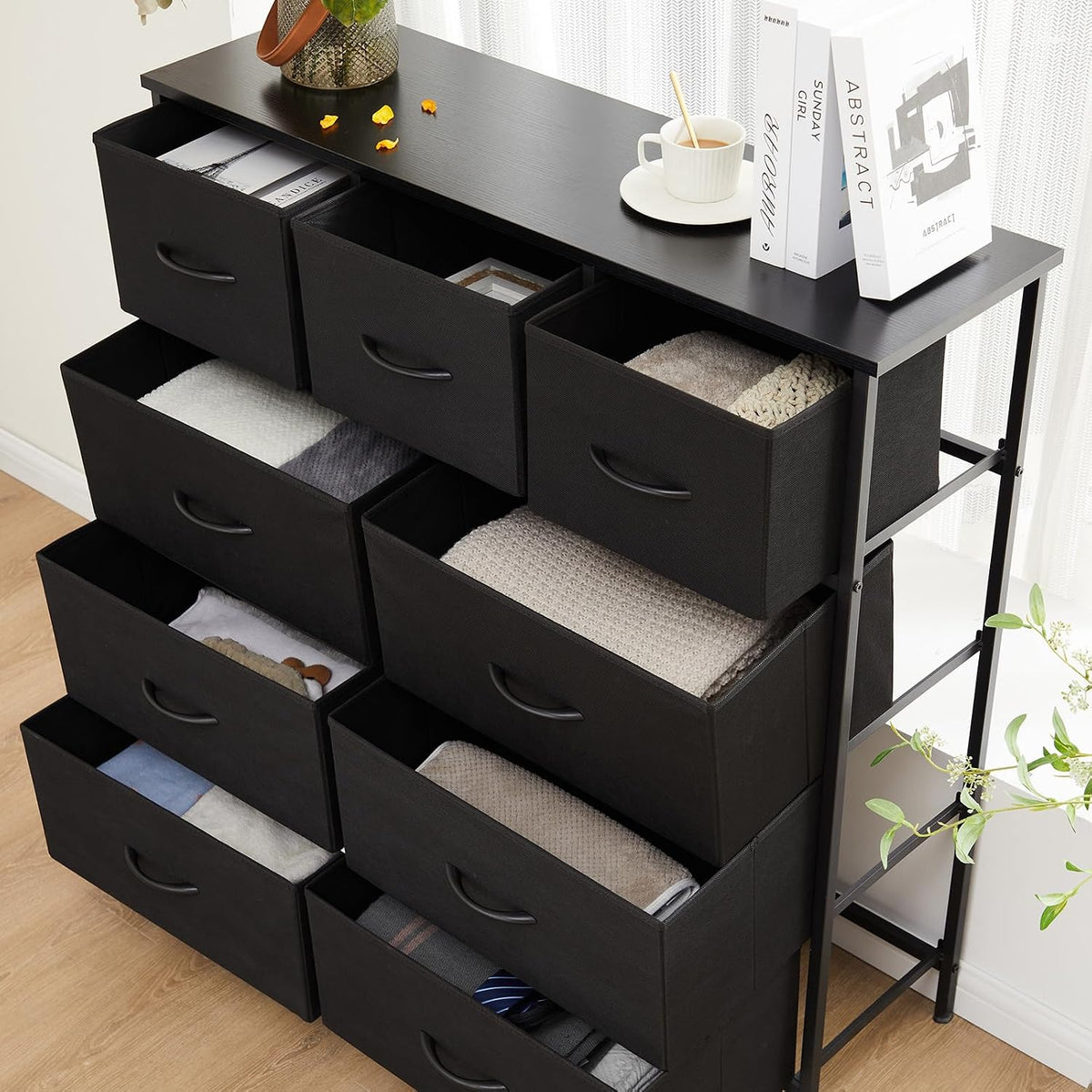 New Atilioo 9-Drawer Fabric Dresser with Wooden Top (Black) - Kidsy