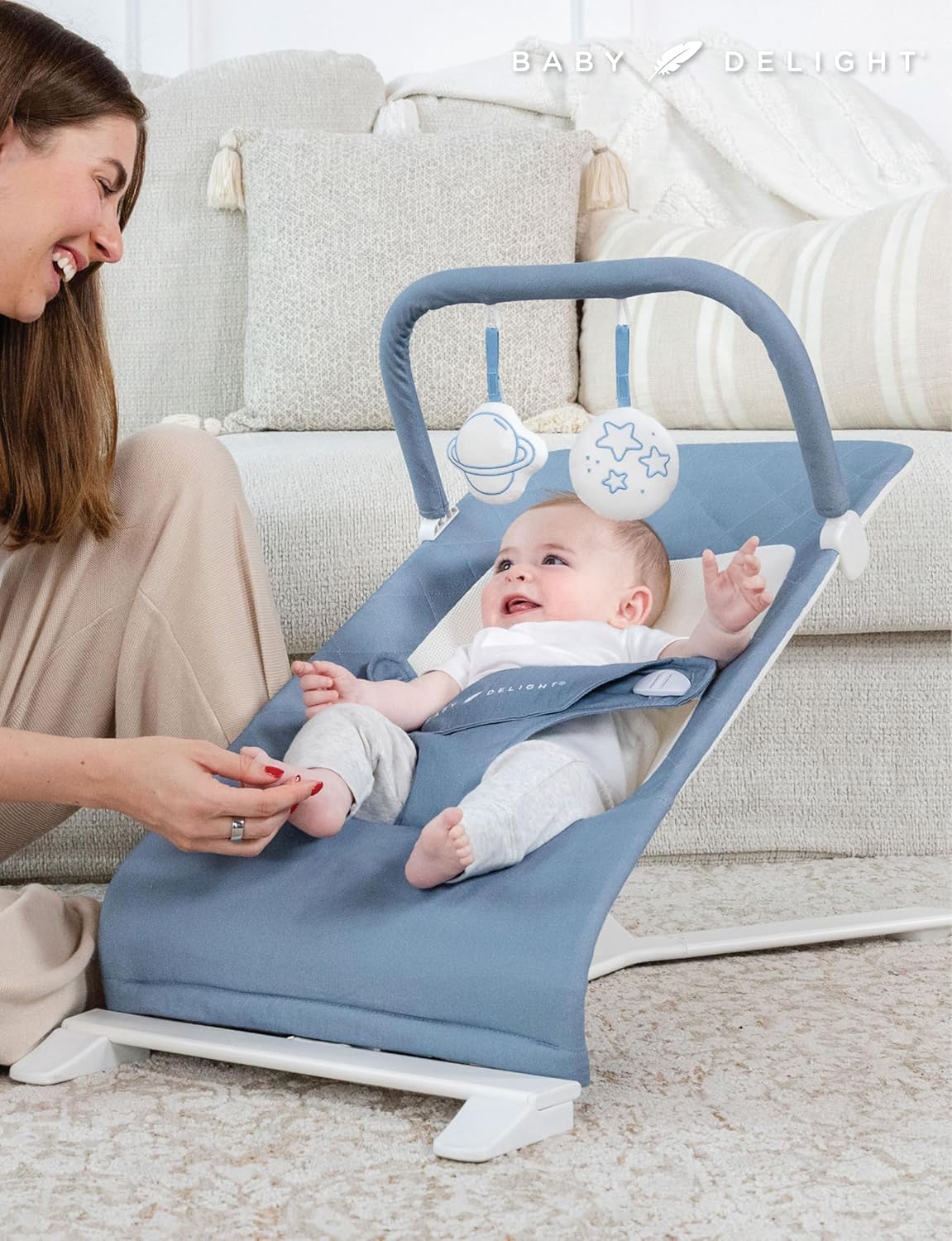 New Baby Delight Alpine Deluxe Portable Baby Bouncer (Organic Dusty Blue) - Kidsy