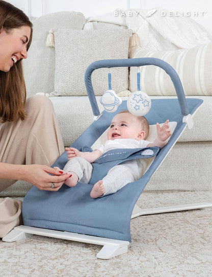 New Baby Delight Alpine Deluxe Portable Baby Bouncer (Organic Dusty Blue) - Kidsy