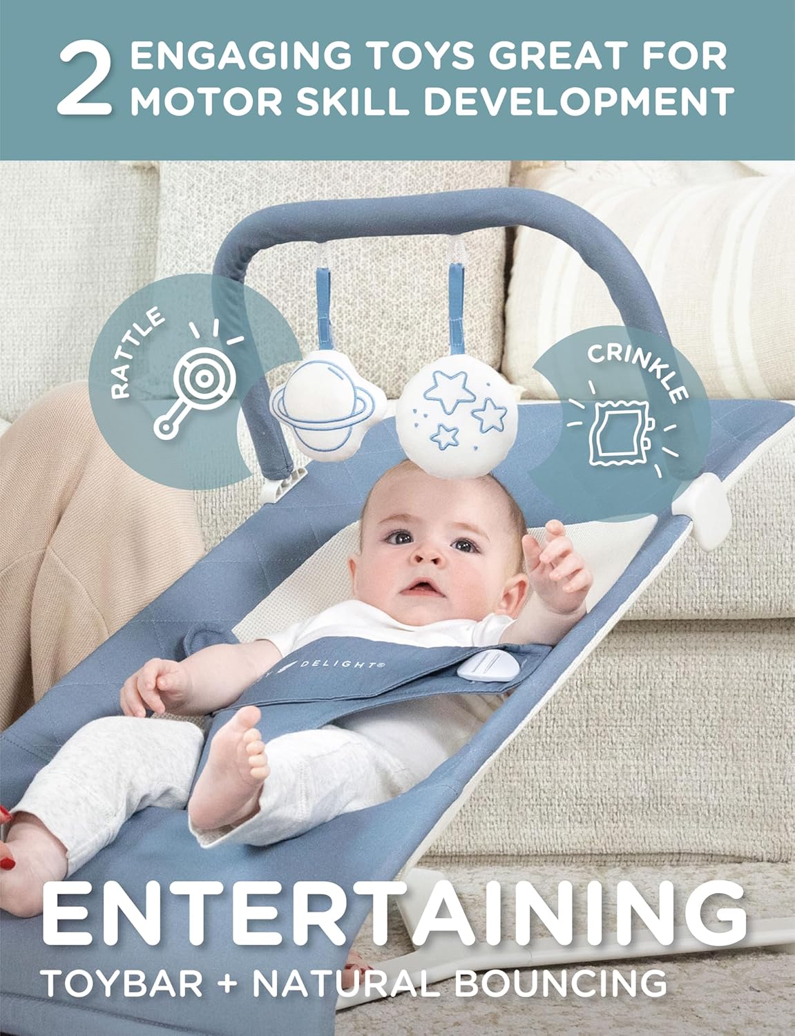 New Baby Delight Alpine Deluxe Portable Baby Bouncer (Organic Dusty Blue) - Kidsy