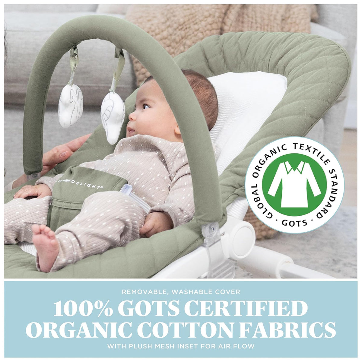 New Baby Delight Aura Deluxe Portable Rocker & Seat (Quilted Organic Sage) - Kidsy