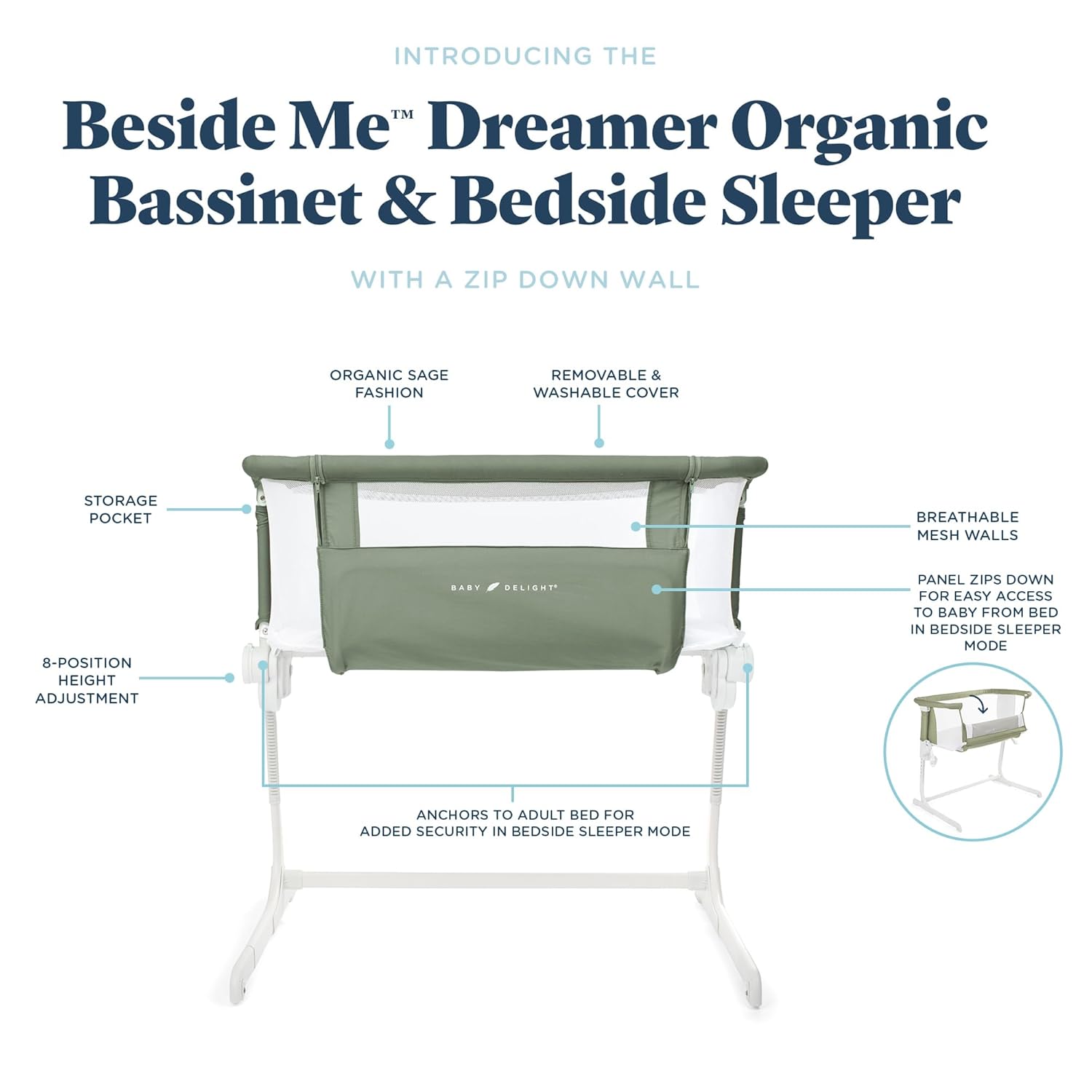 New Baby Delight Beside Me Dreamer Bassinet & Bedside Sleeper (Sage) - Kidsy