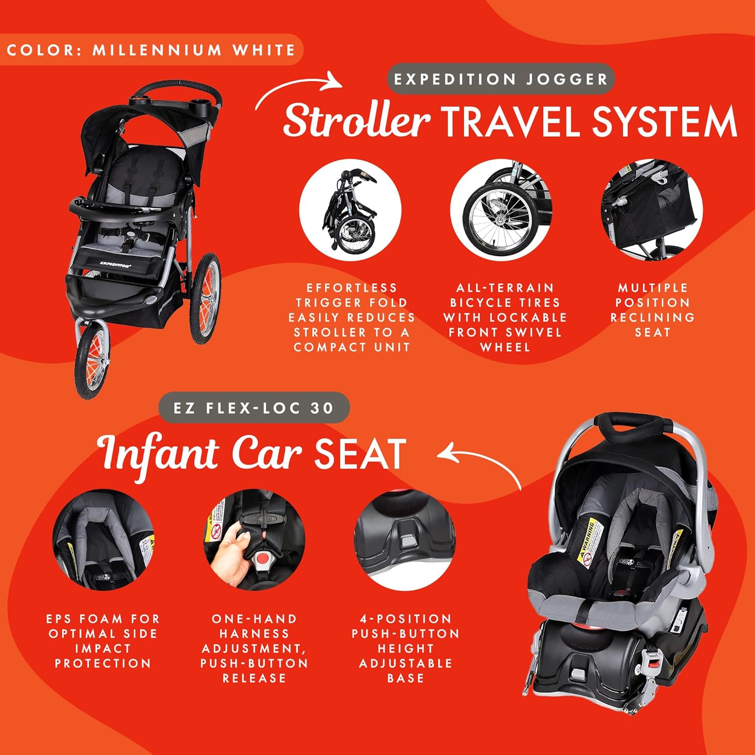 New Baby Trend Expedition Jogger Travel System with EZ Flex - Loc Infant Car Seat (Millenium White) - Kidsy
