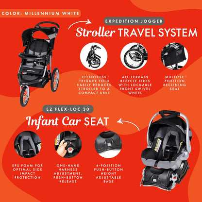 New Baby Trend Expedition Jogger Travel System with EZ Flex - Loc Infant Car Seat (Millenium White) - Kidsy