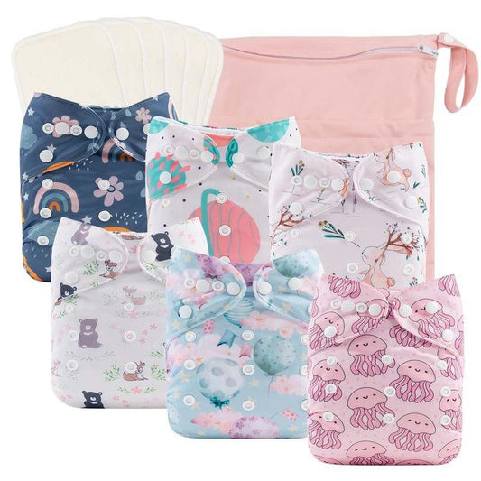 New Babygoal Cloth Diapers 6 Pack with 6 Bamboo Inserts, One Size (Rabbit & Bear) - Kidsy