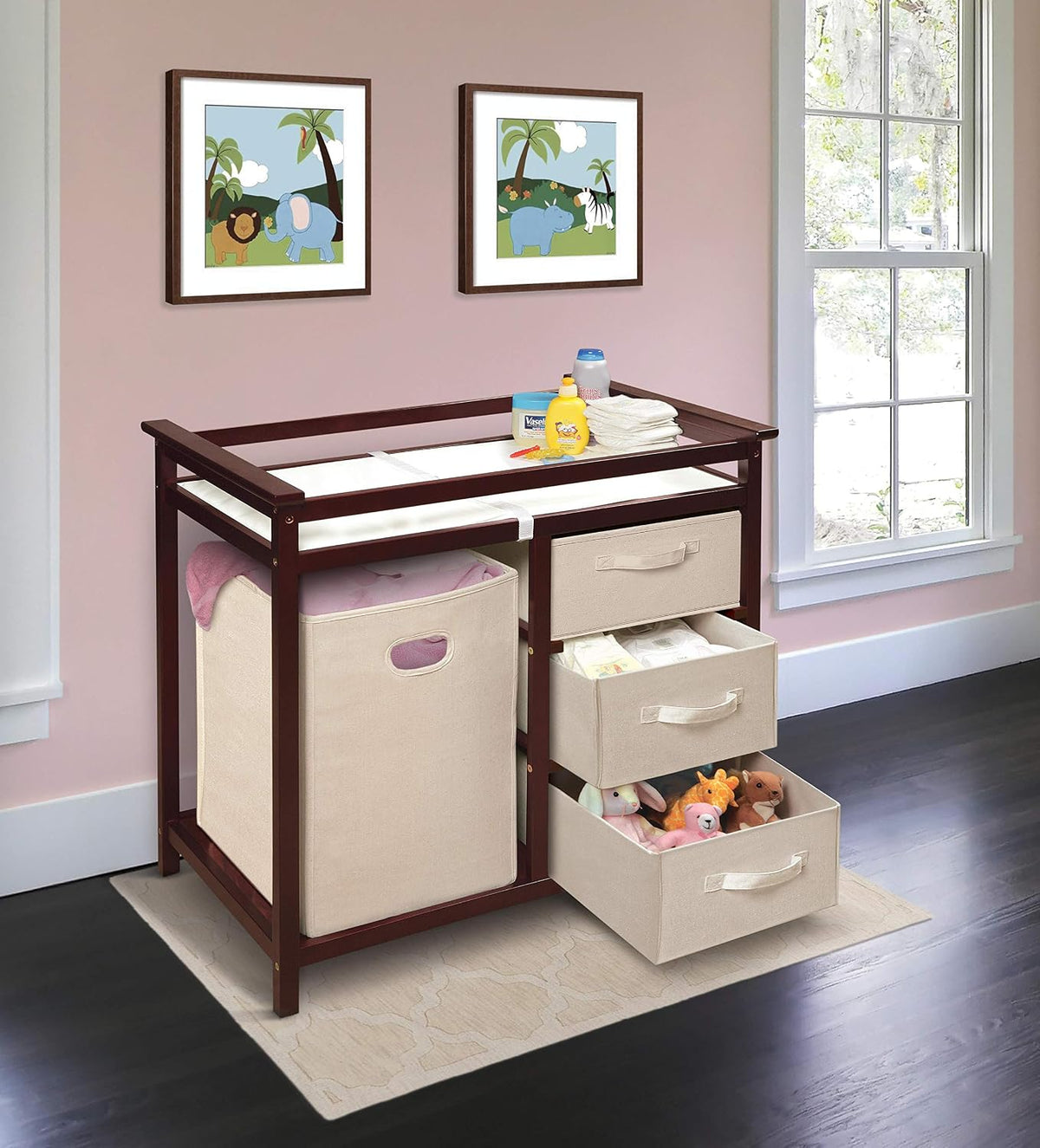 New Badger Basket Modern Baby Changing Table with Laundry Hamper (Cherry/Ecru) - Kidsy