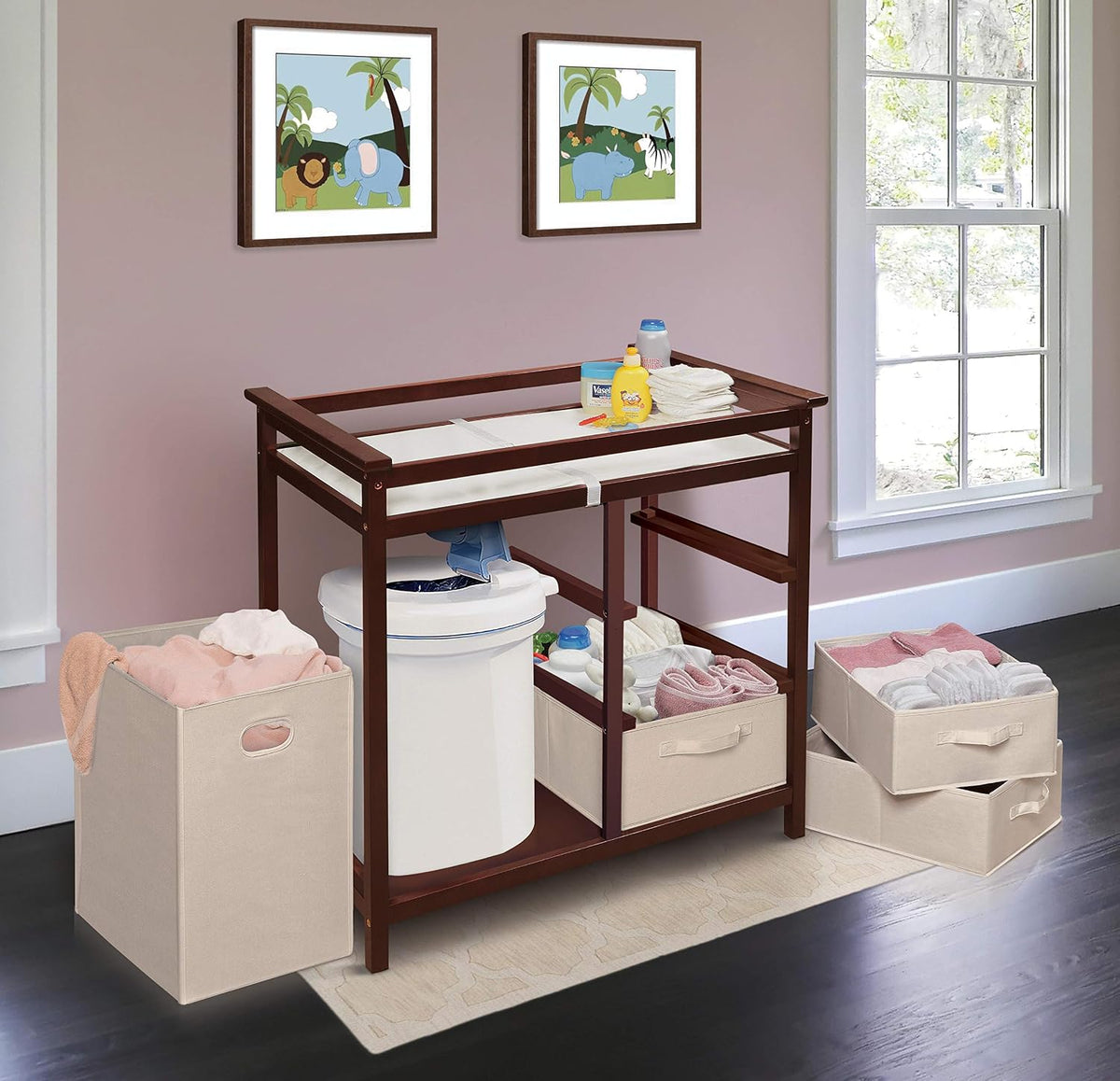 New Badger Basket Modern Baby Changing Table with Laundry Hamper (Cherry/Ecru) - Kidsy