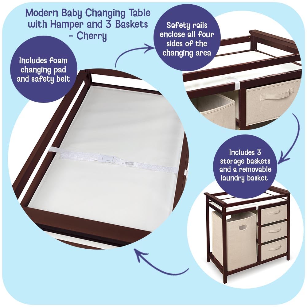 New Badger Basket Modern Baby Changing Table with Laundry Hamper (Cherry/Ecru) - Kidsy