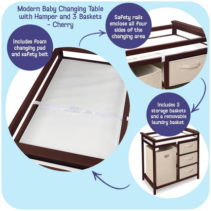 New Badger Basket Modern Baby Changing Table with Laundry Hamper (Cherry/Ecru) - Kidsy