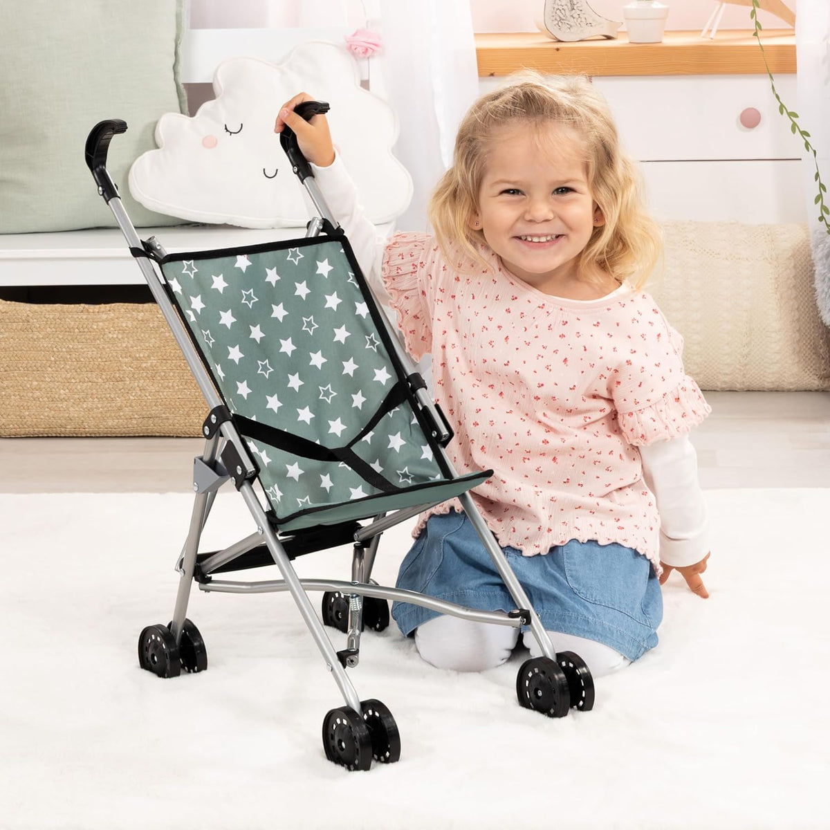 New Bayer Umbrella Doll Stroller Foldable Design 3 Years and Up (Green/White Stars) - Kidsy