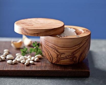 New Berard Handcrafted Salt Keeper with Magnetic Lid, 4" Round (Olive Wood) - Kidsy