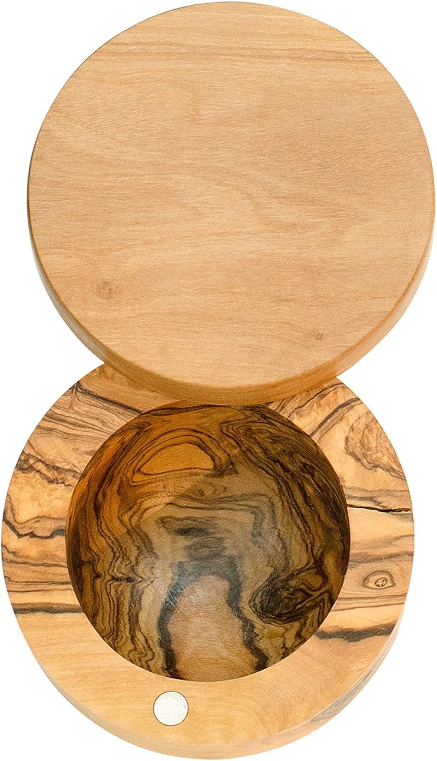New Berard Handcrafted Salt Keeper with Magnetic Lid, 4" Round (Olive Wood) - Kidsy