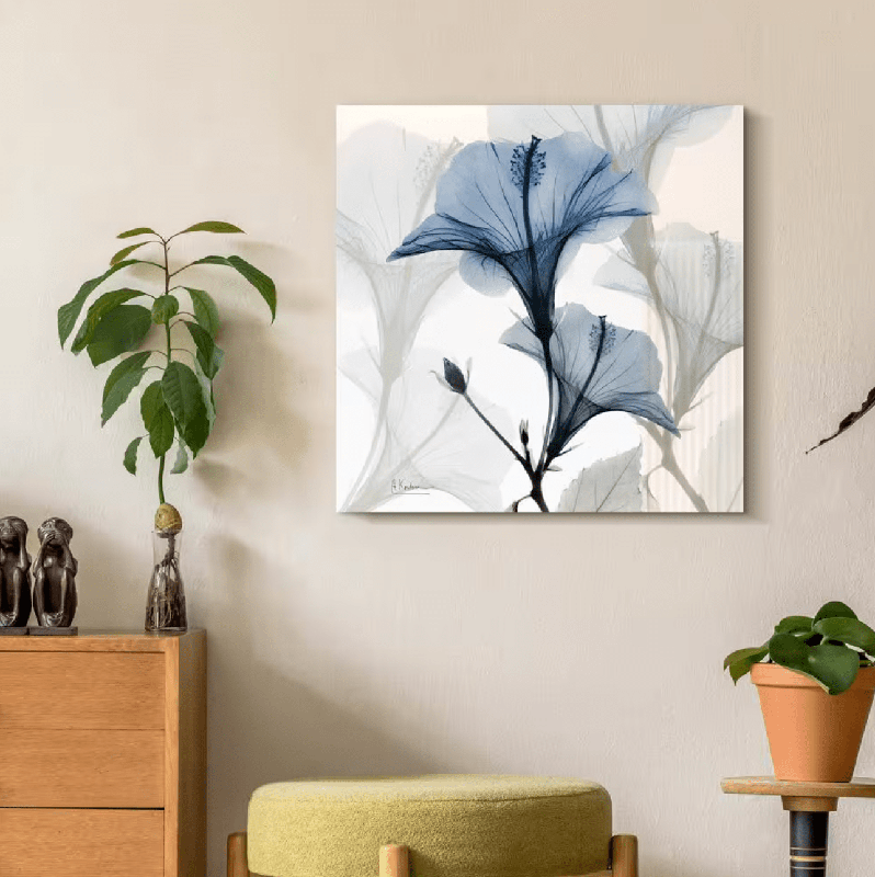 New "Blue Xray Floral" Unframed Free Floating Tempered Glass Panel Graphic Wall Art Print 24 in. x 24 in - Kidsy