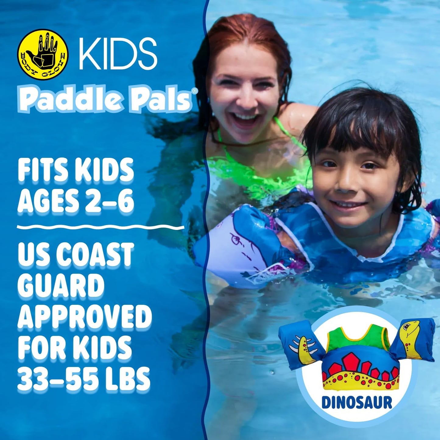New Body Glove Paddle Pals Kids Swim Life Jacket Float - 33–55 lbs (Dinosaur) - Kidsy