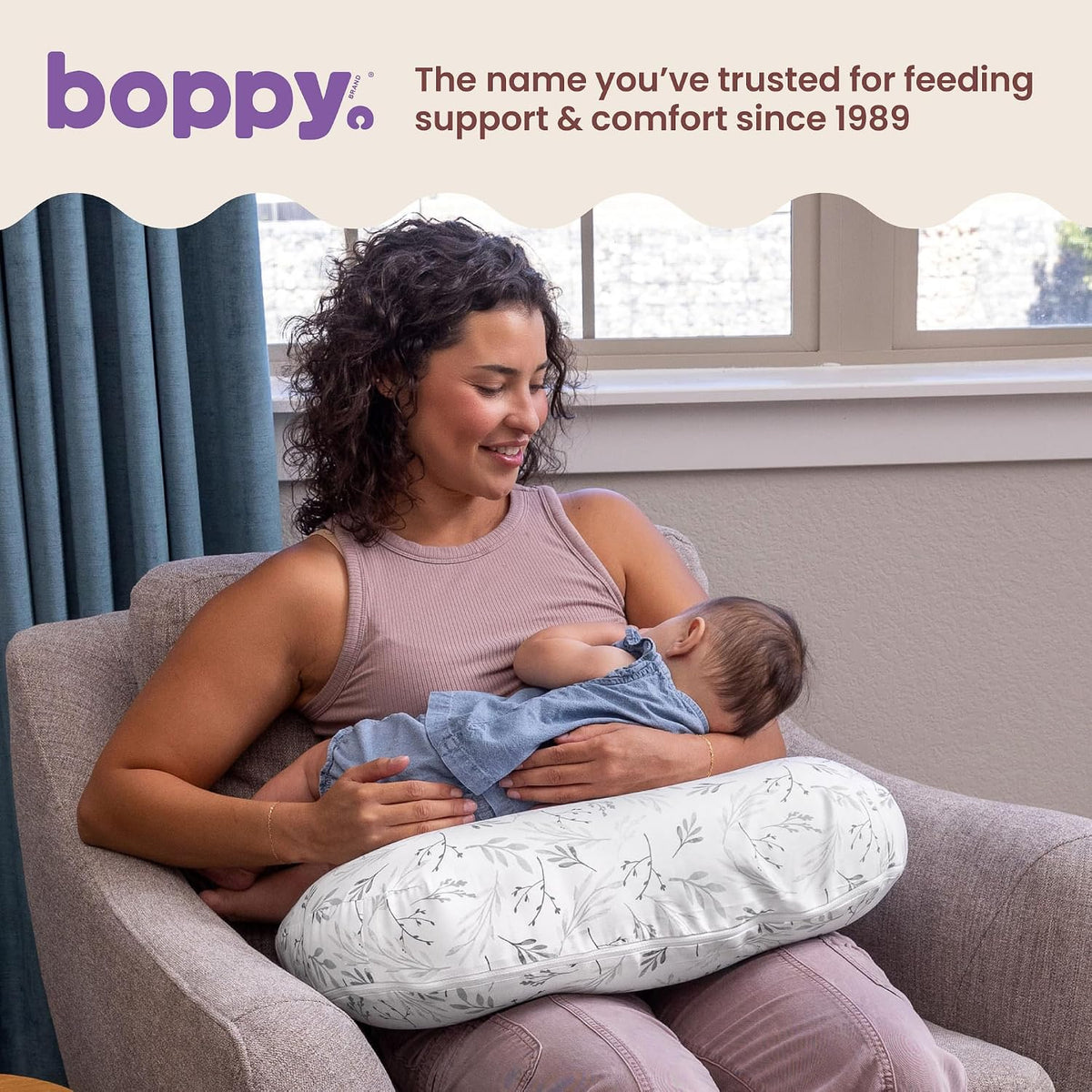 New Boppy Ergonomic Nursing & Feeding Support Pillow (Gray Gentle Leaves) - Kidsy