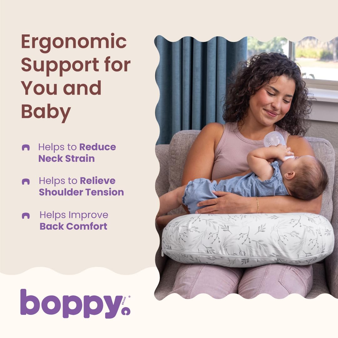 New Boppy Ergonomic Nursing & Feeding Support Pillow (Gray Gentle Leaves) - Kidsy