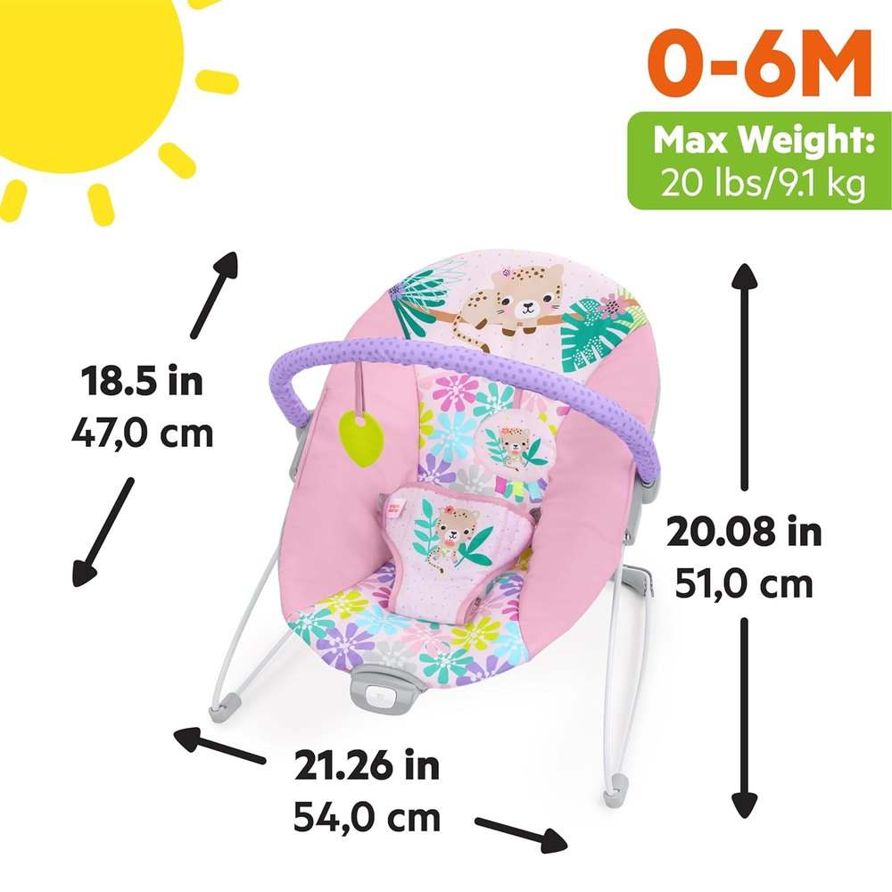 New Bright Starts Pink Vibrating Baby Bouncer (Wildflower Wonders) - Kidsy