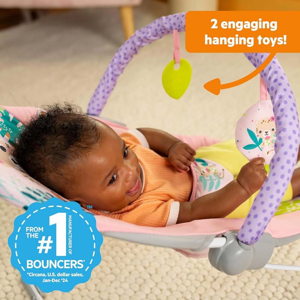 New Bright Starts Pink Vibrating Baby Bouncer (Wildflower Wonders) - Kidsy
