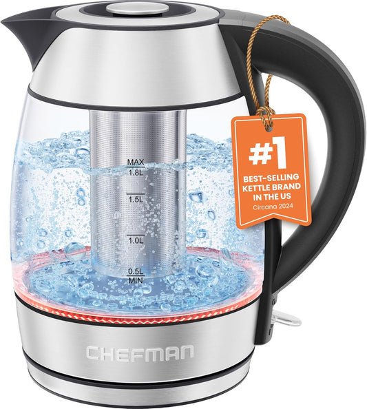 New Chefman Glass Electric Kettle for Boiling Water, 1.8L 1500W, with Tea Infuser - Kidsy