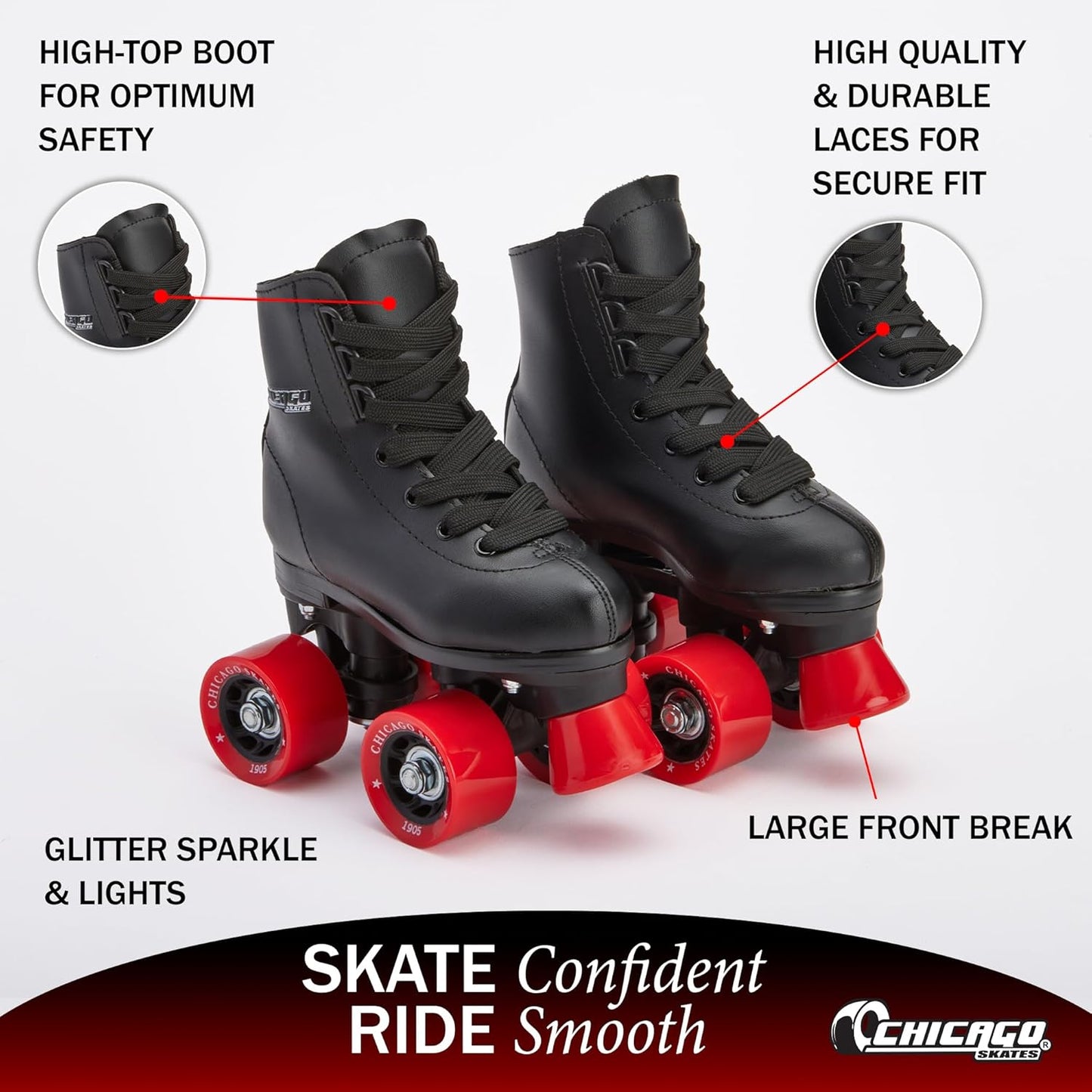 New CHICAGO Boys Rink Roller Skates Youth Quad - J12 (Black/Red) - Kidsy