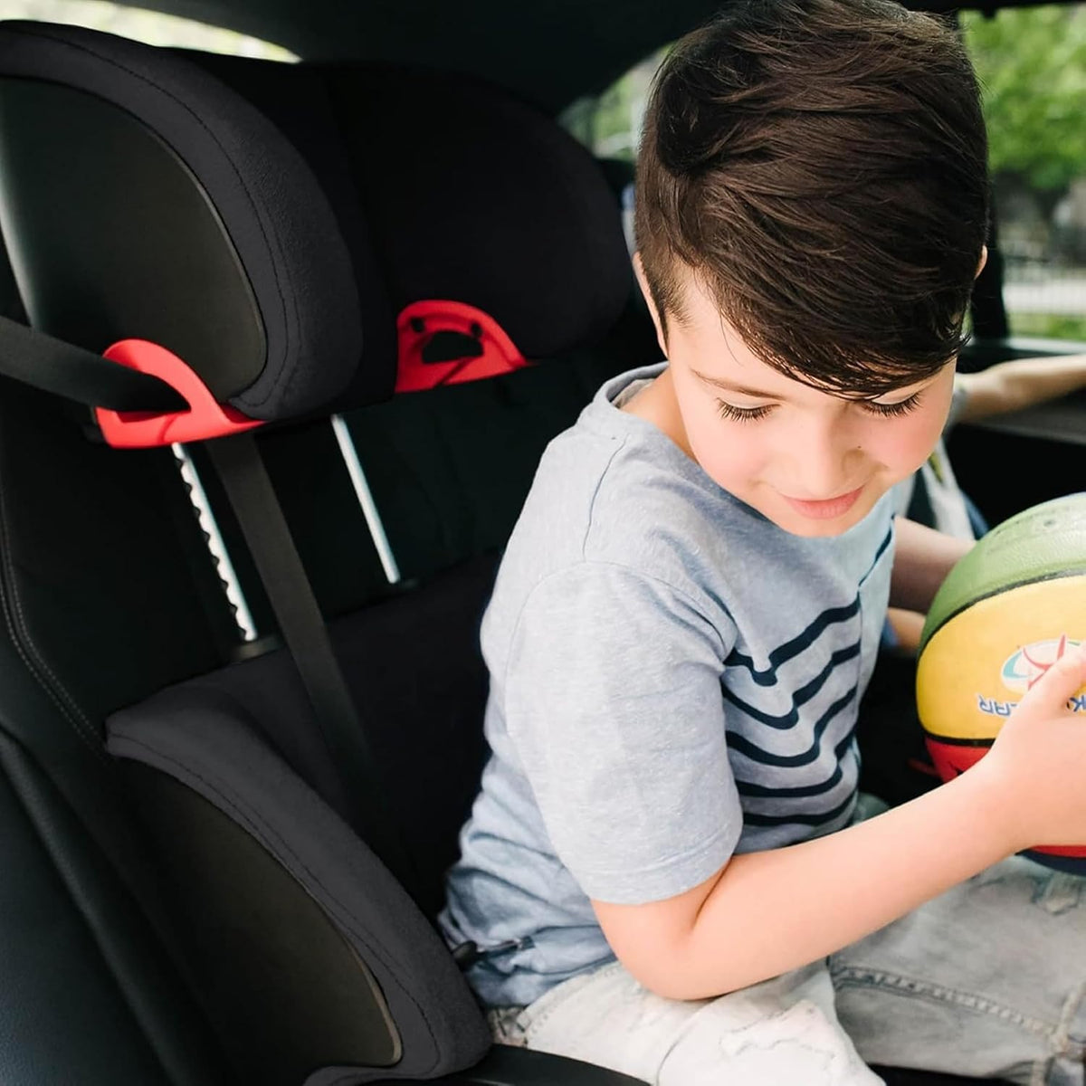 New Clek Oobr High Back Booster Seat Flame Retardant-Free Fabric (Railroad Ziip) - Kidsy