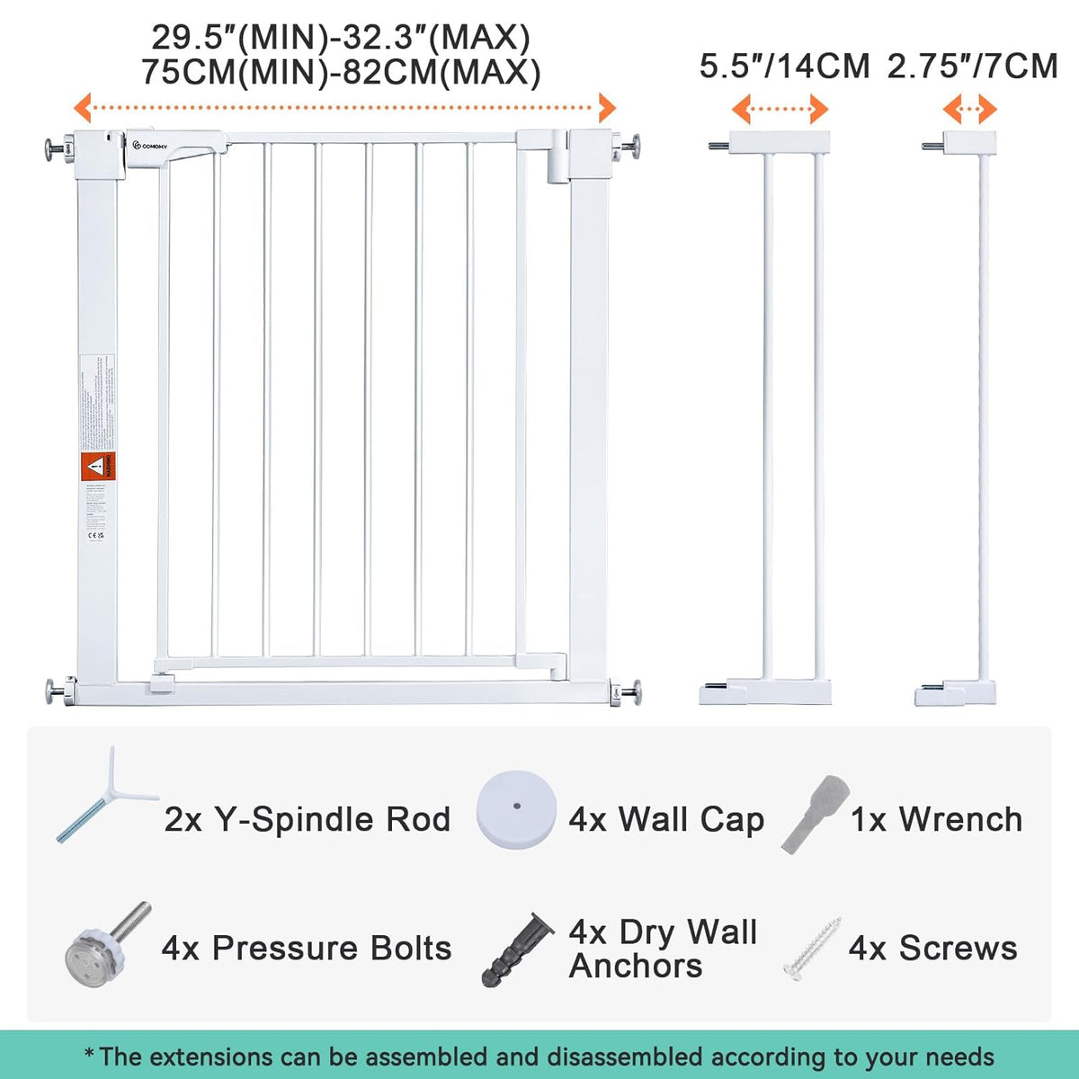 New COMOMY 30" Tall Baby Gate for Stairs Doorways, Fits Openings 29.5" to 40.5" Wide (White) - Kidsy